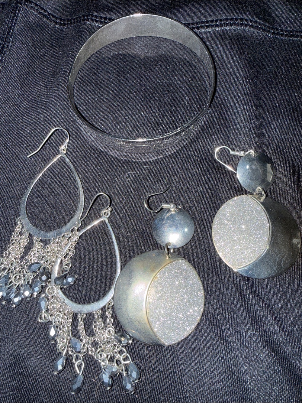 Silver-Tone Glitter Drop Earrings and Bangle Set - Women Jewelry